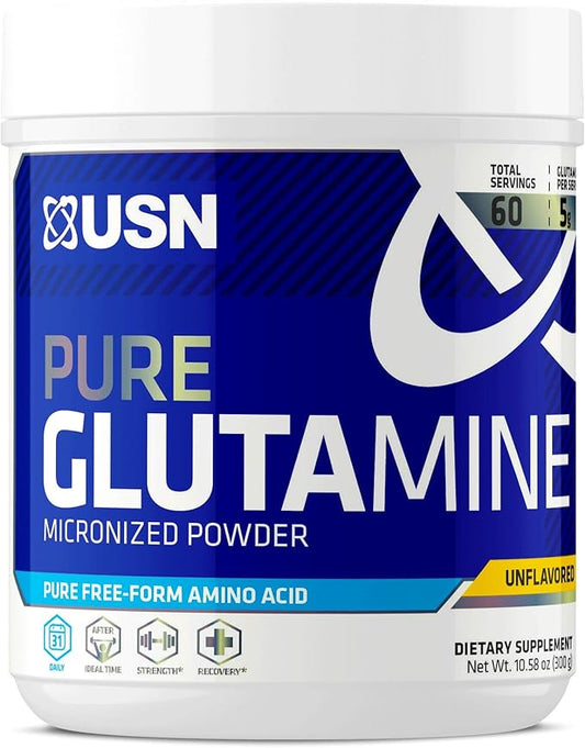 USN Glutamine Micronized Powder 5,000mg sin sabor 60 porciones.