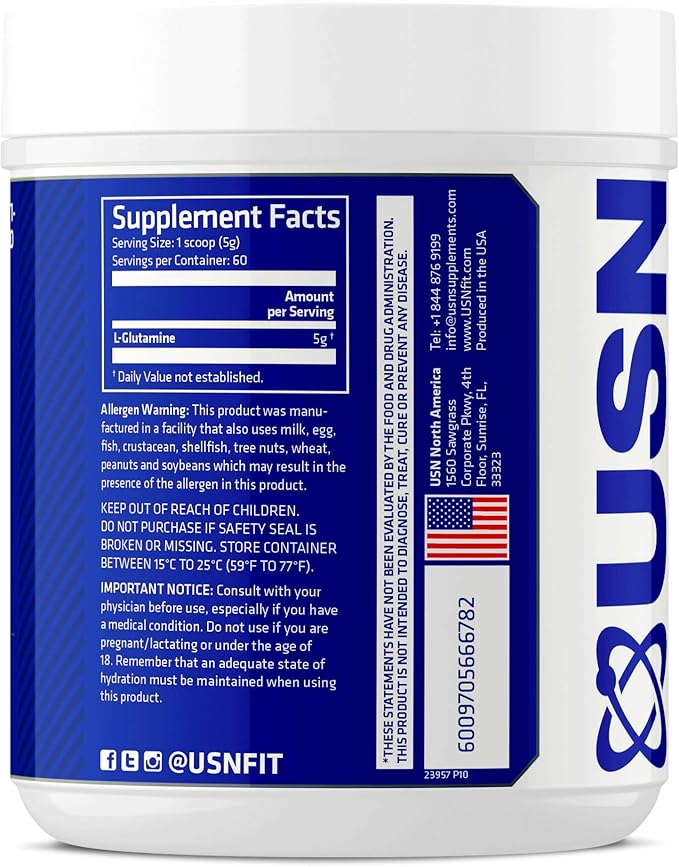 USN Glutamine Micronized Powder 5,000mg sin sabor 60 porciones.